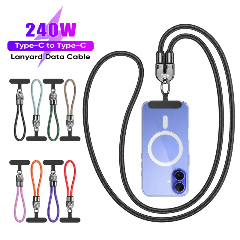 JOYTUTUS 240W USB-C Fast Charging Phone Lanyard 7mm Nylon Crossbody Wrist Strap for iPhone 16 15 Samsung Pixel Data Sync Travel Hiking