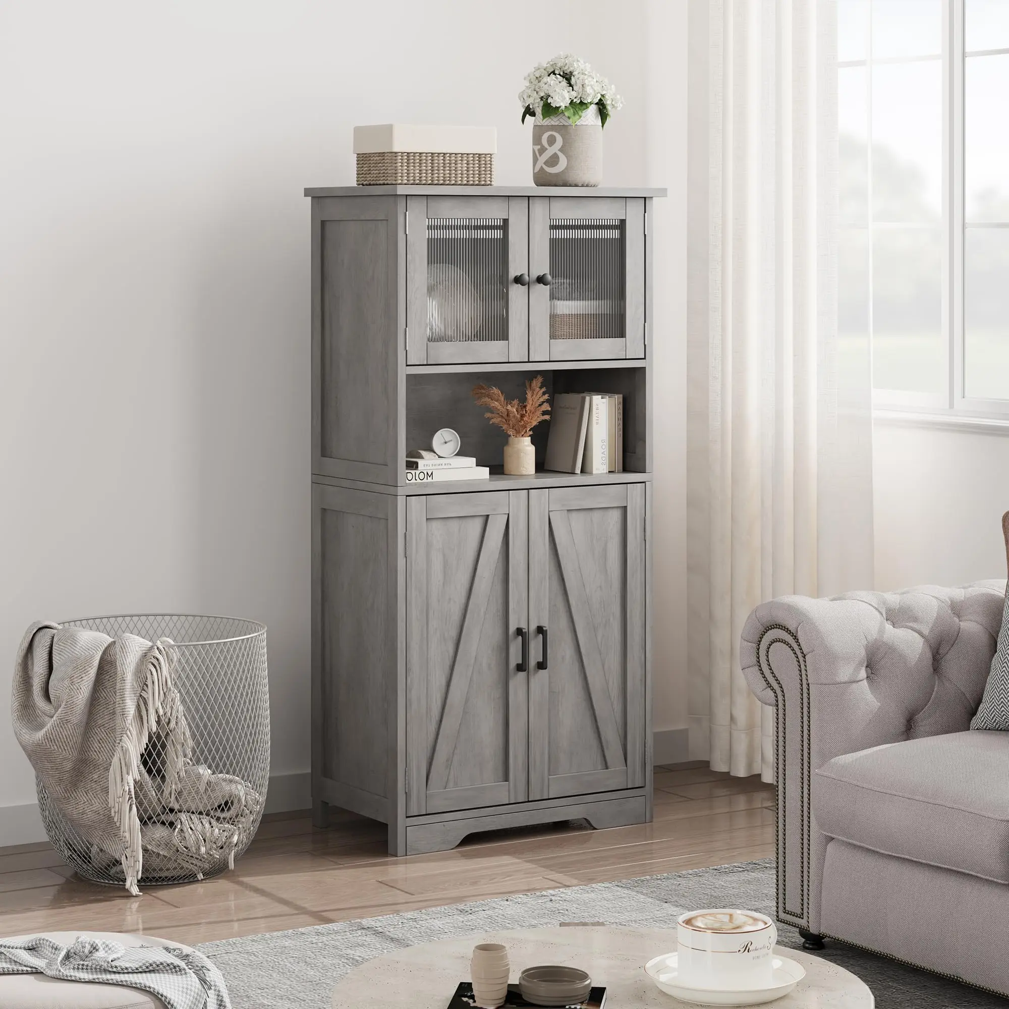 【GARVEE】Tall Bathroom Cabinet, Freestanding Floor Linen Storage Cabinet with Doors and Shelves, Wooden Kitchen Pantry Cupboard, for Living Room, Greige