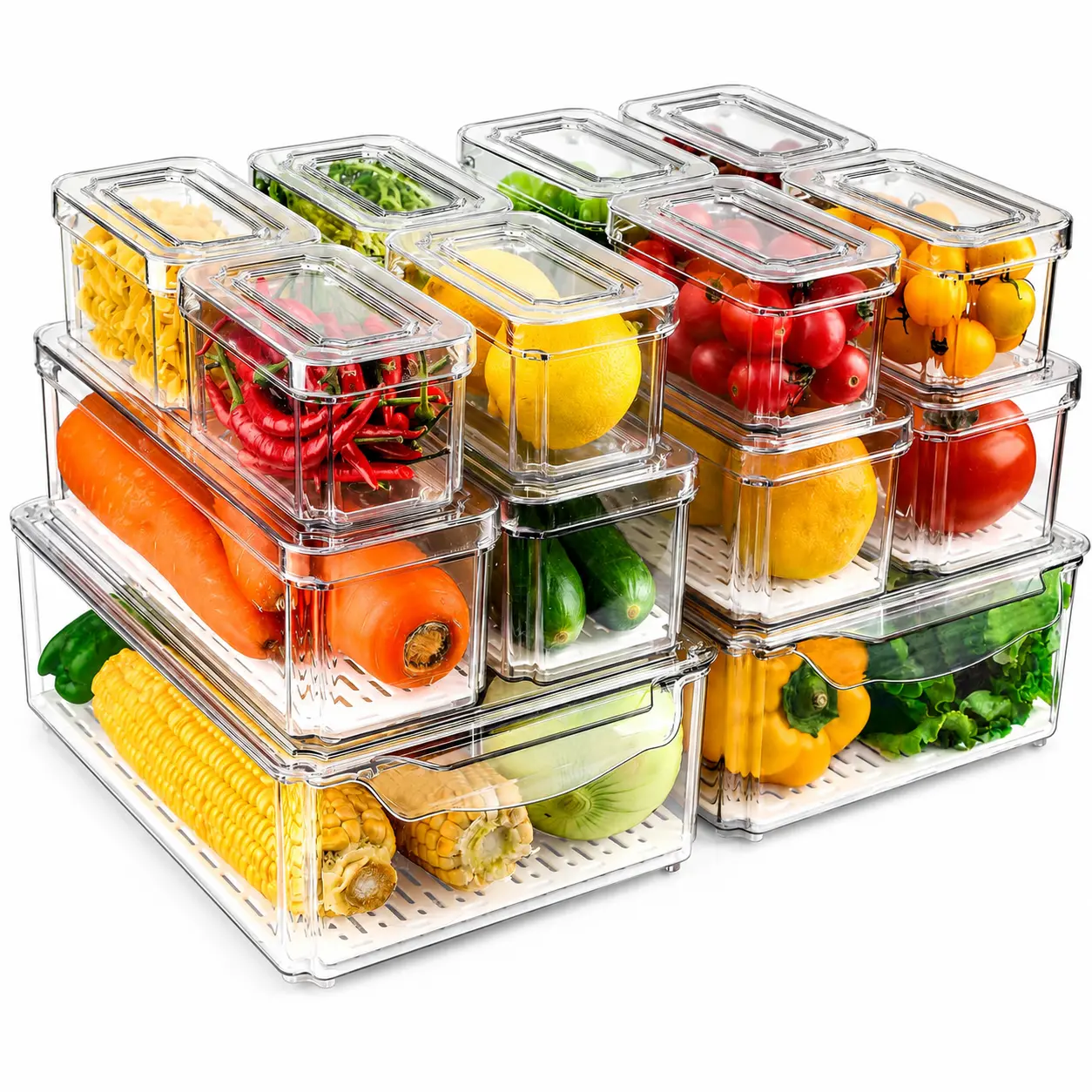 14 Pack Stackable Refrigerator Organizer Bins with Lids, BPA-Free Food-Safe Stacking Food Containers for Produce, Kitchen Appliances, Refrigerator Accessories, Organizer Storage
