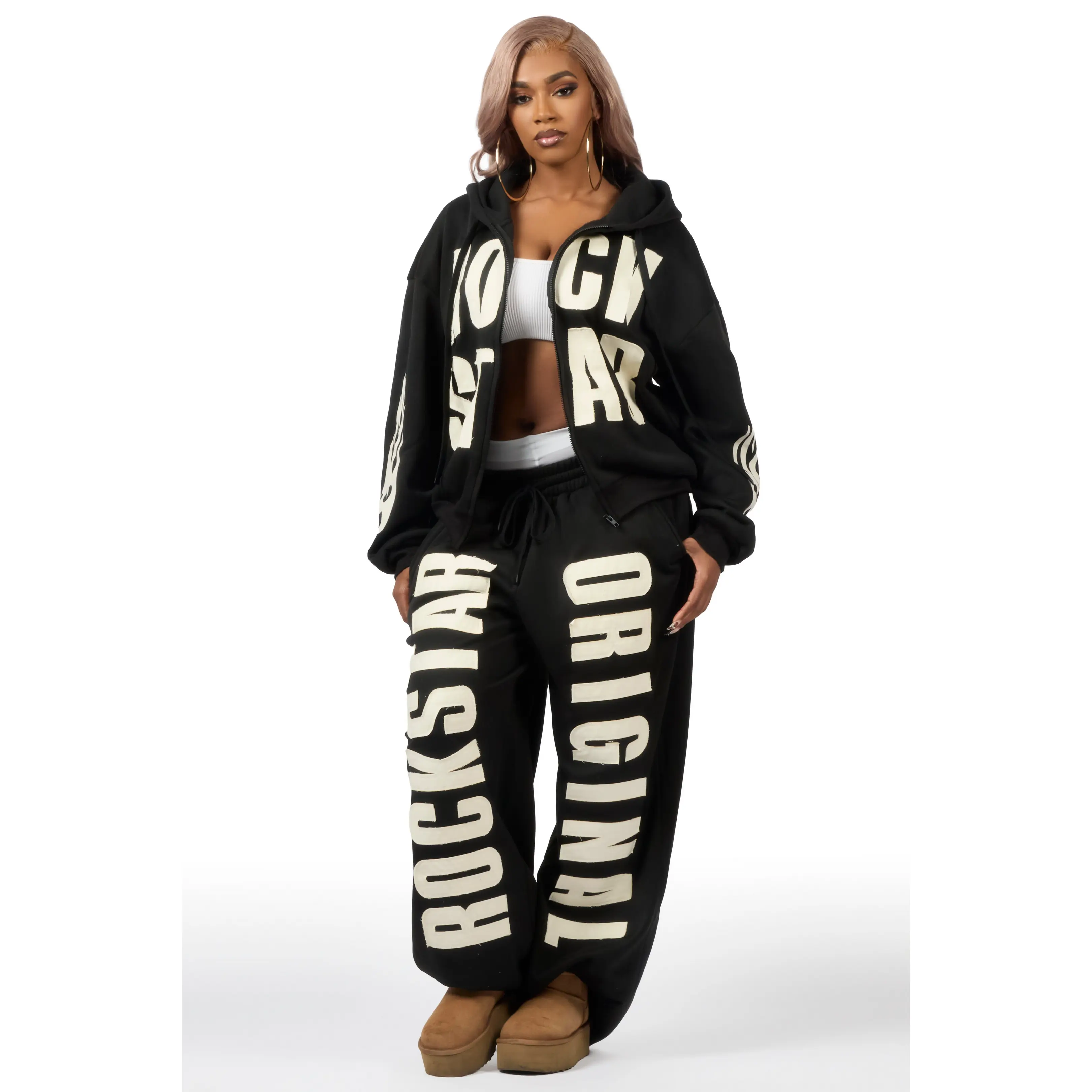 Ashira Black Baggy Fit Zip Up Track Set