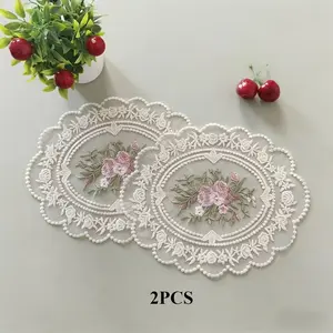 2pcs European Vintage Lace Embroidered Table Mats, Polyester Rectangular Decorative Pads, Hand Wash Only, Photography Prop Decor