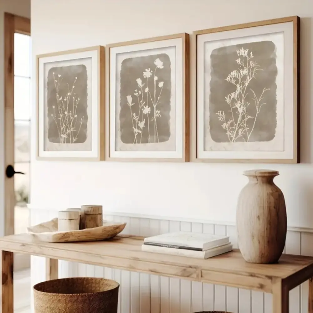 3 Pieces Optional Wooden Frame Beige Botanical Floral Canvas Poster Picture Wall Decor Painting Decorative Artwork Interior Decor Room Home Decor Wall Canvas Spring Decor Canvas Wall Art Decoration Items
