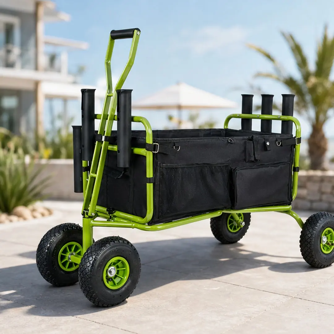 Heavy-Duty Collapsible Fishing Cart, Corrosion-Resistant Steel Frame Beach Wagon with 9.85" All-Terrain Wheels, 550lb Capacity, 5 Rod Holders & 600D Fabric for Gear Storage, Portable, Fishing Rod Holder