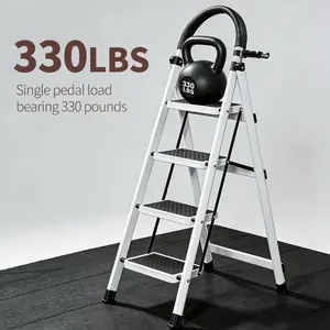 Four-step folding ladder, maximum load capacity 330 lbs, non-slip steps, sturdy steel, lightweight and portable, with handrails, suitable for home and workplace, white.