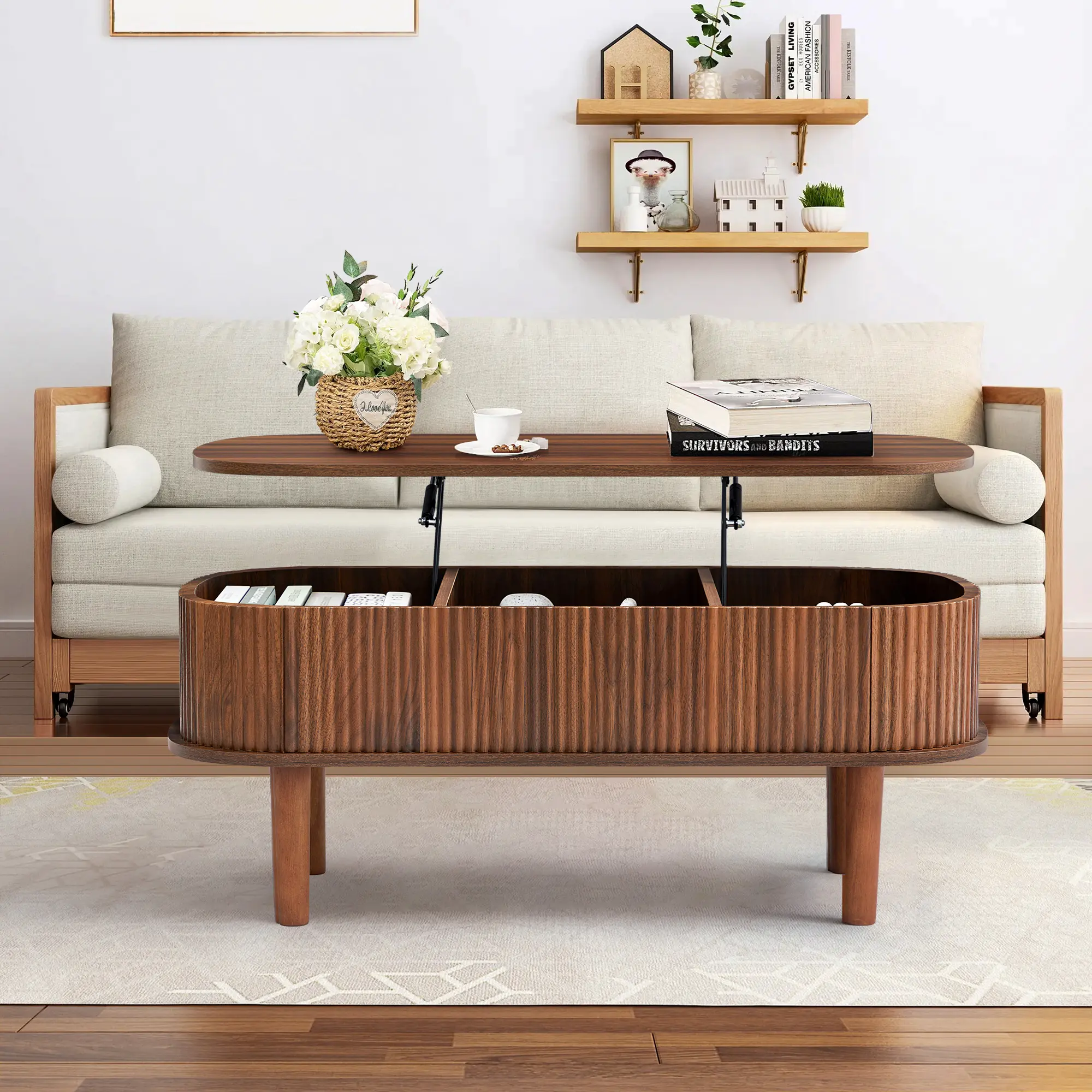 Giratree Fluted Lift Top Coffee Table, Nearly Assembled Wooden Oval Center Table with Hidden Storage Compartment for Living Room, Home Office and Small Spaces