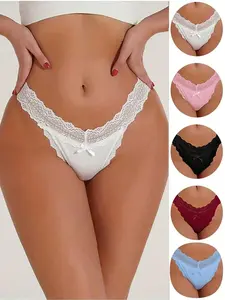 [Ship from USA] Women's Lady LangLey 5-Piece Minimalist Basic Panties Box Set - Sexy Thongs, Black Lace, Breathable Seamless Bow Design, Soft Full Coverage Fabric, Multicolor Plain Invisible Lingerie