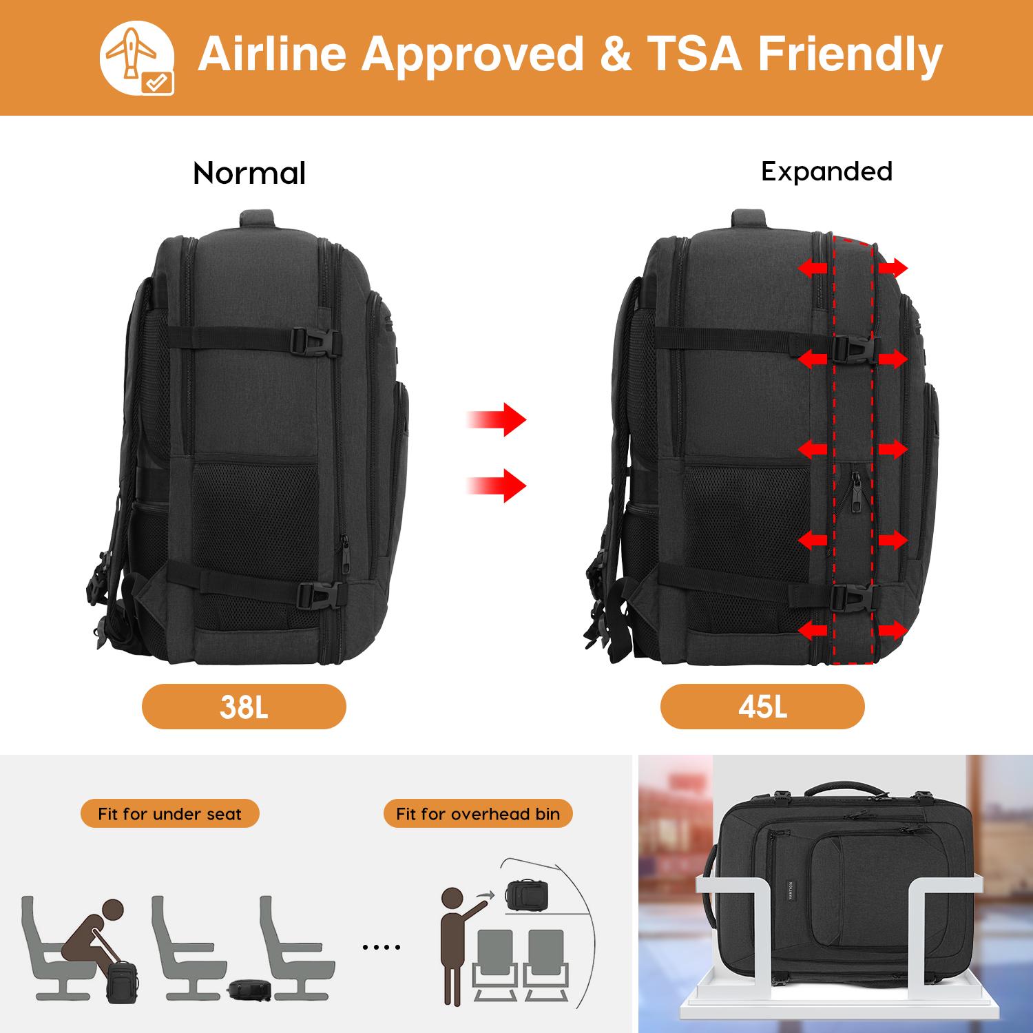 YAMTION 45L Expandable Travel Backpack, TSA Friendly Airline Approved Carry On Backpack with USB Port & Luggage Strap  Water Resistant Business Rucksack with SBS Zippers