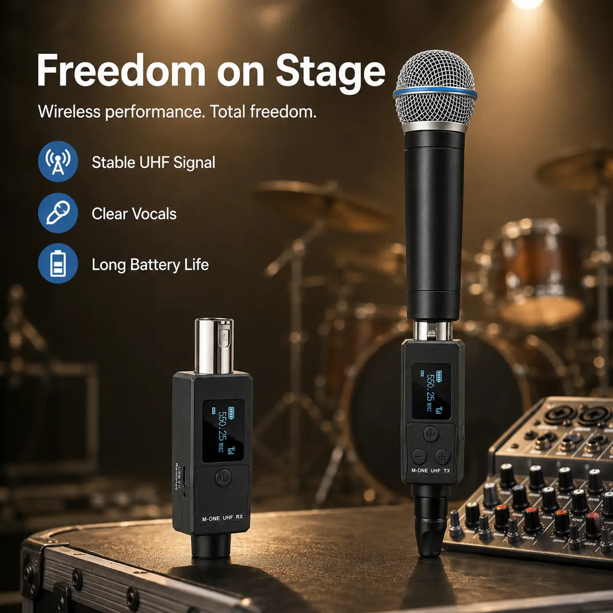 XLR Transmitter and Receiver Plug-on Microphone Wireless System for Dynamic&Condenser Mic,Audio Mixer,PA System,Speaker.Wireless performance. Total freedom.