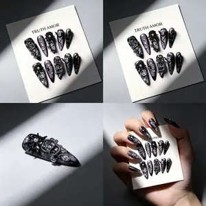 1Set, TRUTH AMOR Gothic Press On Nails, 10Pcs Long Stiletto Shape, Black Purple Glitter Gradient With Spider Crystal Metal Charms, Easy Wear For Party Daily, ViralDarkStyleNail, TrendyManicureAccessory, PortableNailDecoration, Rhinestone Nails