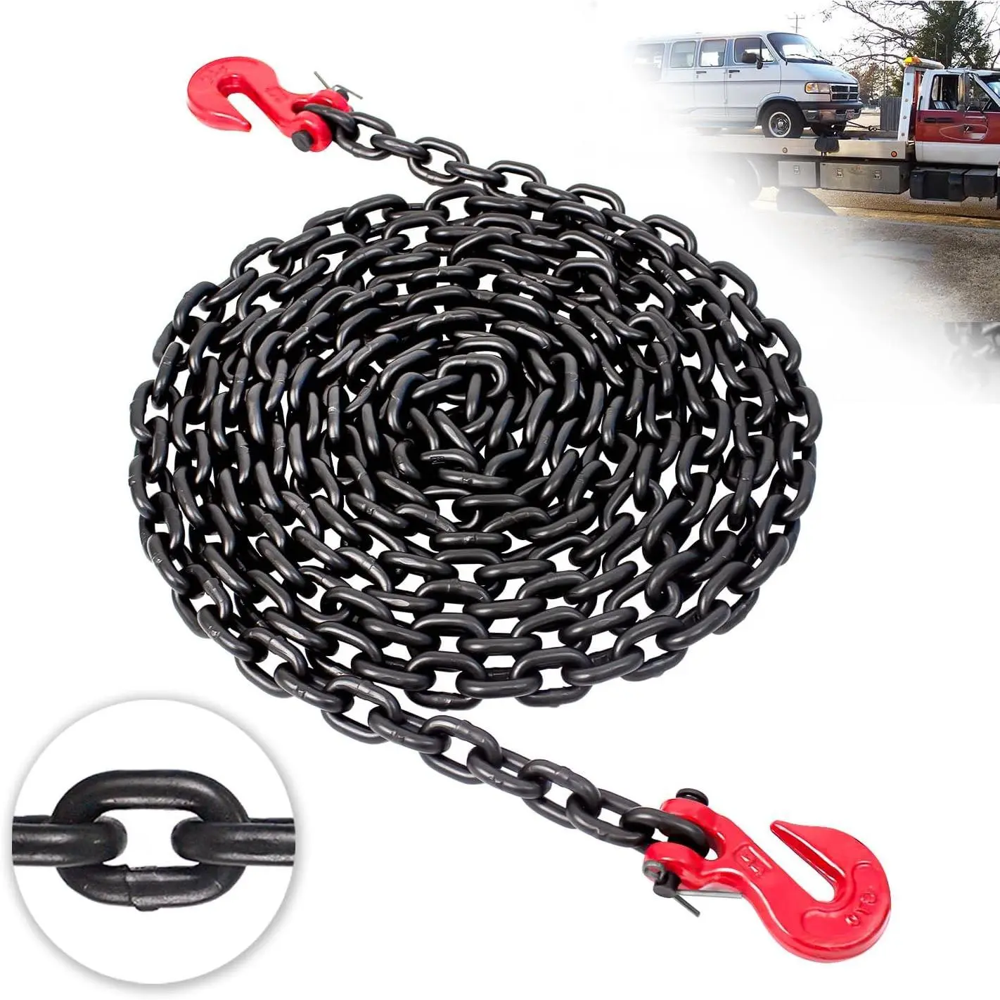 G80 Transport Binder Chain 1/4 Inch x 14 Foot| 3,300 lbs Safe Working Load| Tow Chain with Clevis Grab Hooks| Heavy Duty Chain for Transporting,Towing, Tie-Down, and Lifting