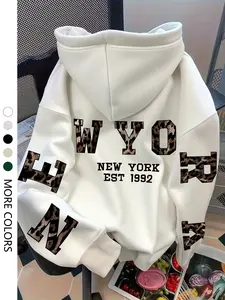 Women's Leopard Print Letter Graphic Hoodie, Casual Loose-Fit Sweatshirt with Drawstring Pockets for All Seasons, Trendy Daily Wear for Fall & Winter