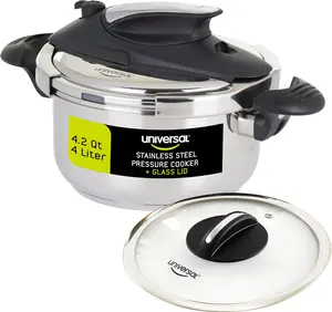 Universal 4.2 Quart (4 Liter) Stainless Steel Pressure Cooker – Includes Extra Glass Lid – Induction Compatible – Multipurpose Pot – 5 Servings