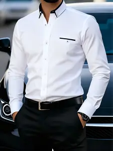Men's Premium White Dress Shirt: Unique Black Collar & Pocket Trim Design - Slim Fit, Wrinkle-Resistant Fabric for Everyday Elegance#SummerVibes