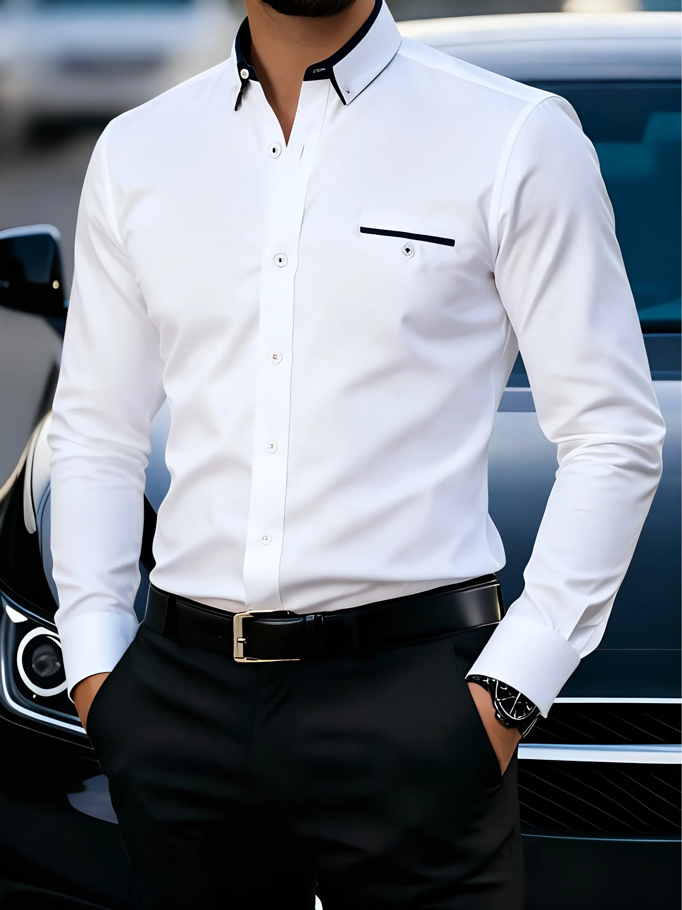 Men's Premium White Dress Shirt - Fashion Menswear Top, Unique Black Collar & Pocket Trim, Slim Fit, Wrinkle-Resistant Fabric, Long Sleeve Casual for Everyday Elegance
