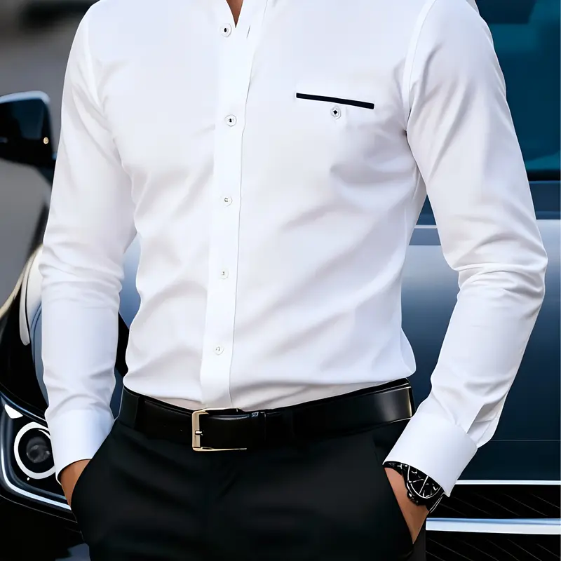 Menswear Long-Sleeve Premium White Slim-Fit Wrinkle-Resistant Button Dress Shirt - Plain Basic Fashion Style, Unique Black Collar & Pocket Trim, for Wedding, Everyday Wear