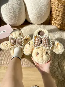 Women's Winter Cotton Slippers, Soft Slippers, Cute Bow Design, Warm Indoor Shoes, Home Slippers, House Slippers, Comfortable Textile Material, Medium Width, Fall & Winter