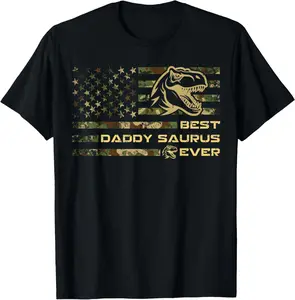 Men's Letter "Daddysaurus T Rex Dinosaur Daddy Saurus Camo American Flag" Print Round Neck Tee, Regular Fit Casual Short Sleeve T-shirt For Summer, Men's Top For Daily Outdoor