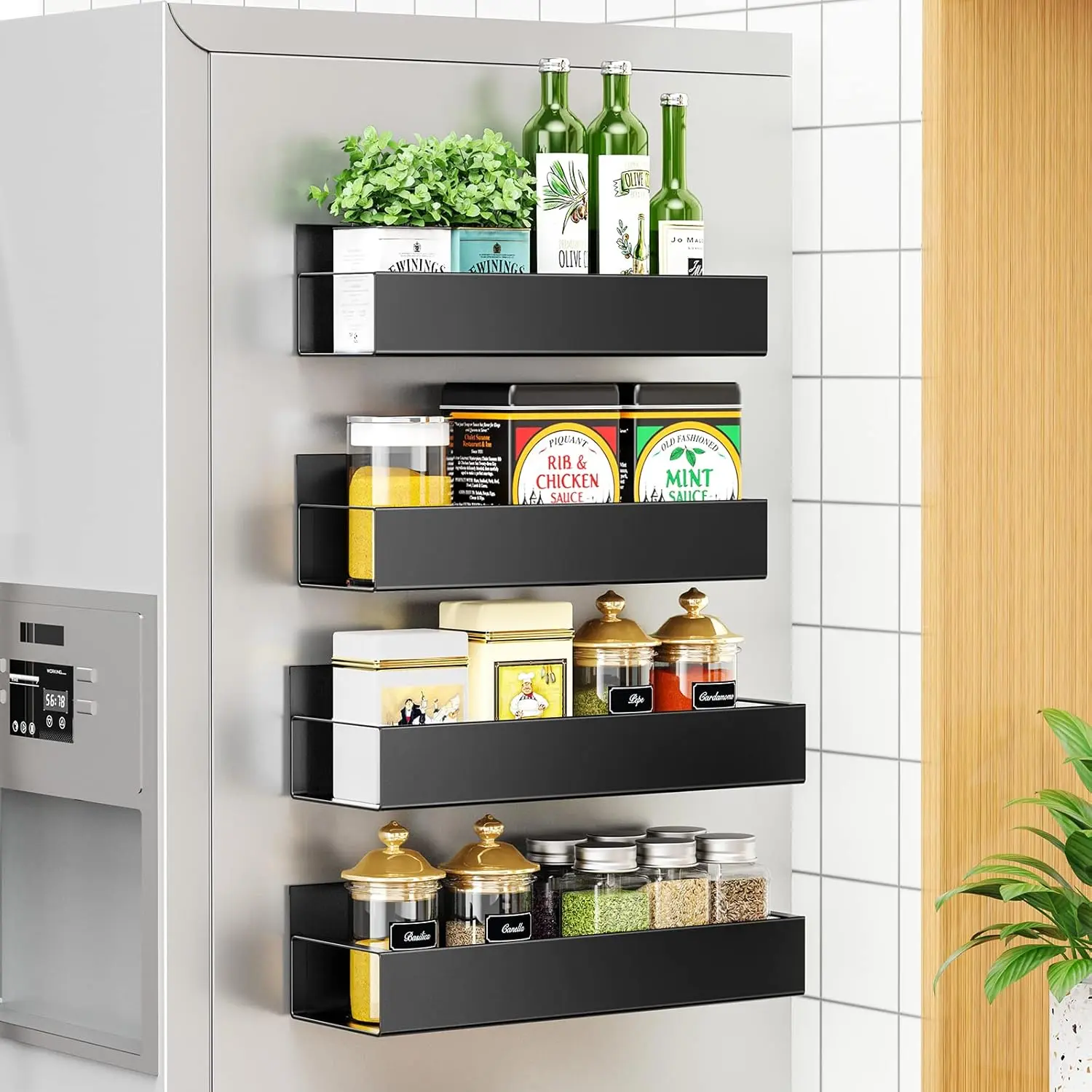 Metal 4 Pack Magnetic Spice Storage Rack Organizer for Refrigerator and Oven,  Magnetic Spice Rack for Refrigerator,Black Fridge Organizers and Storage, Black (2 Pack)