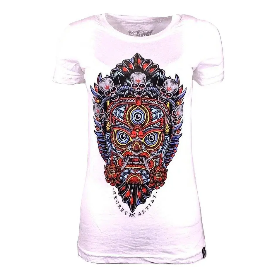 AFFLICTION SECRET ARTIST Women's Short-Sleeve Graphic Cotton Scoop Neck Gothic Biker Printed Baby Tee, Casual Top (WEET DHARMAPALA Design)