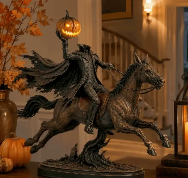Lighted Headless Horseman Statue,Warm LED Pumpkin-Headless Horseman Statue | for Halloween Mantel Desk Home Decor, Spooky
