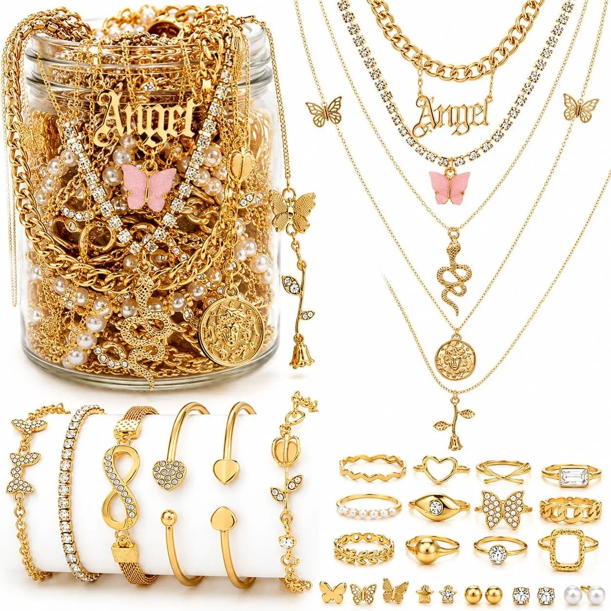 Mystery Jewelry Jar Bundle – 65 - 70 premium quality Jewelry Box for Women Gift Set, Unique Birthday Gift for Her (earrings - rings - gold necklace stack - gold bracelet stack - anklets - waist chain - choker necklace) - jewelry sets for women - wo