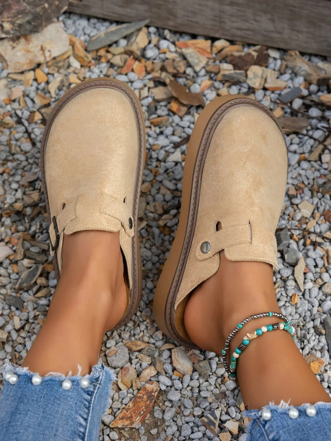 Women's Solid Color Buckle Design Slip on Walking Shoes, Casual Comfortable Non-slip Slip on Shoes for Daily Wear, Female All-match Round Toe Shoes for Daily Wear, Girl, Classic Clog, Casual Slip ons, Footwear