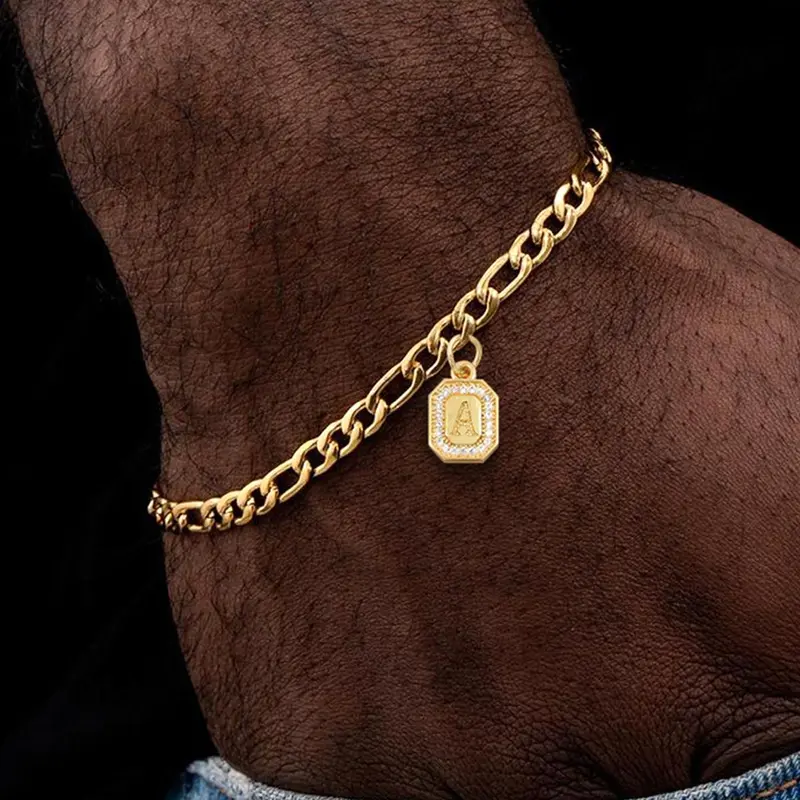 Men's Letter Pendant Bracelet, New Trendy Gold-Tone Stainless Steel Chain Bracelet with Pendant, Versatile and Exquisite Jewelry, Birthday Gift for Men