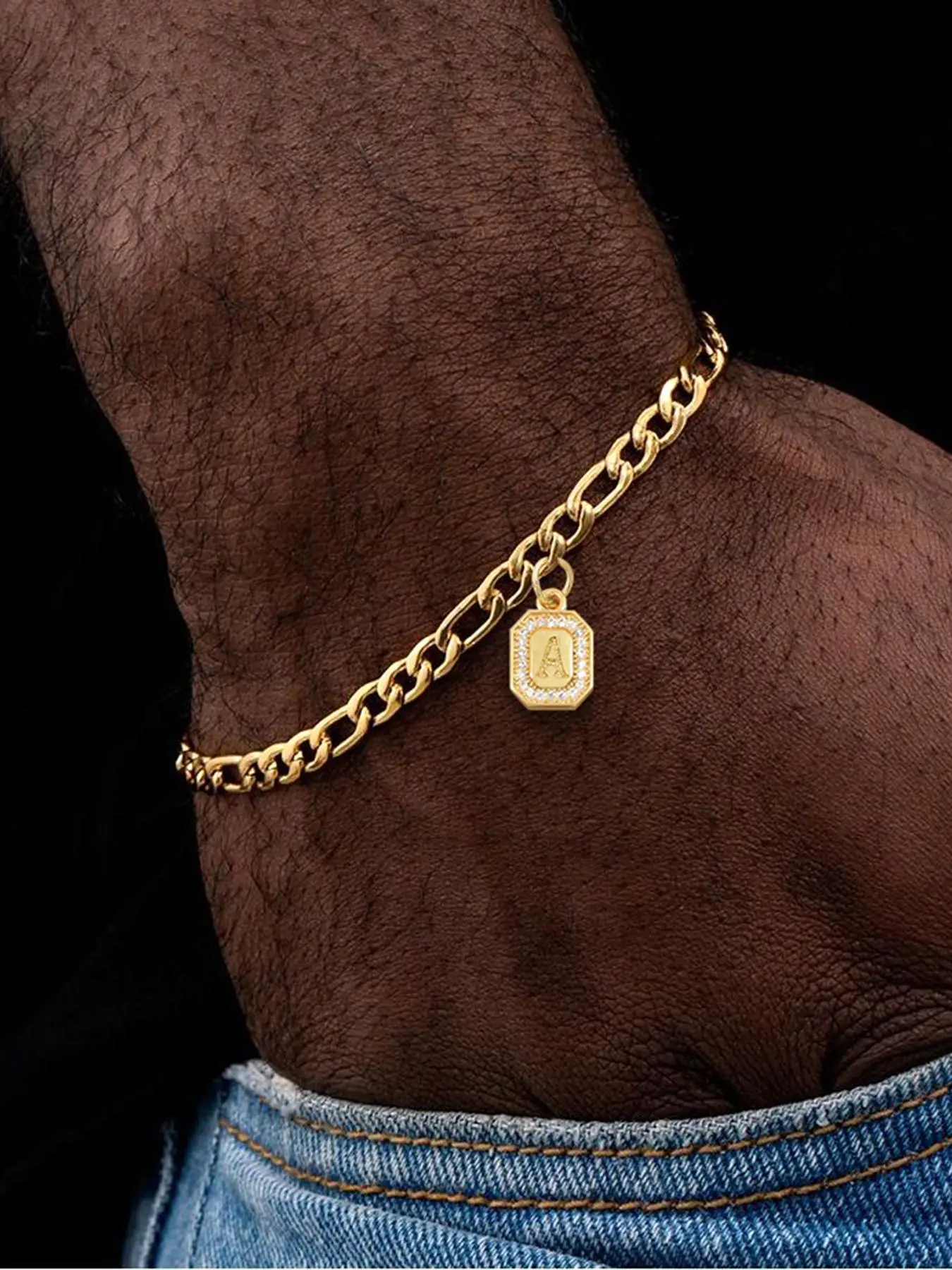 Men's Letter Pendant Bangles, New Trendy Gold Color Stainless Steel Chain Bracelet for Men, Trendy All-match & Exquisite Jewelry for Birthday Gift