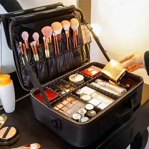 Large Capacity Waterproof Cosmetic Organizer Case, Adjustable Compartments, Durable Detachable Makeup Brushes & Mirror Holder, Travel Essentials, Makeup Storage Bag, Makeup Organizer Pouch