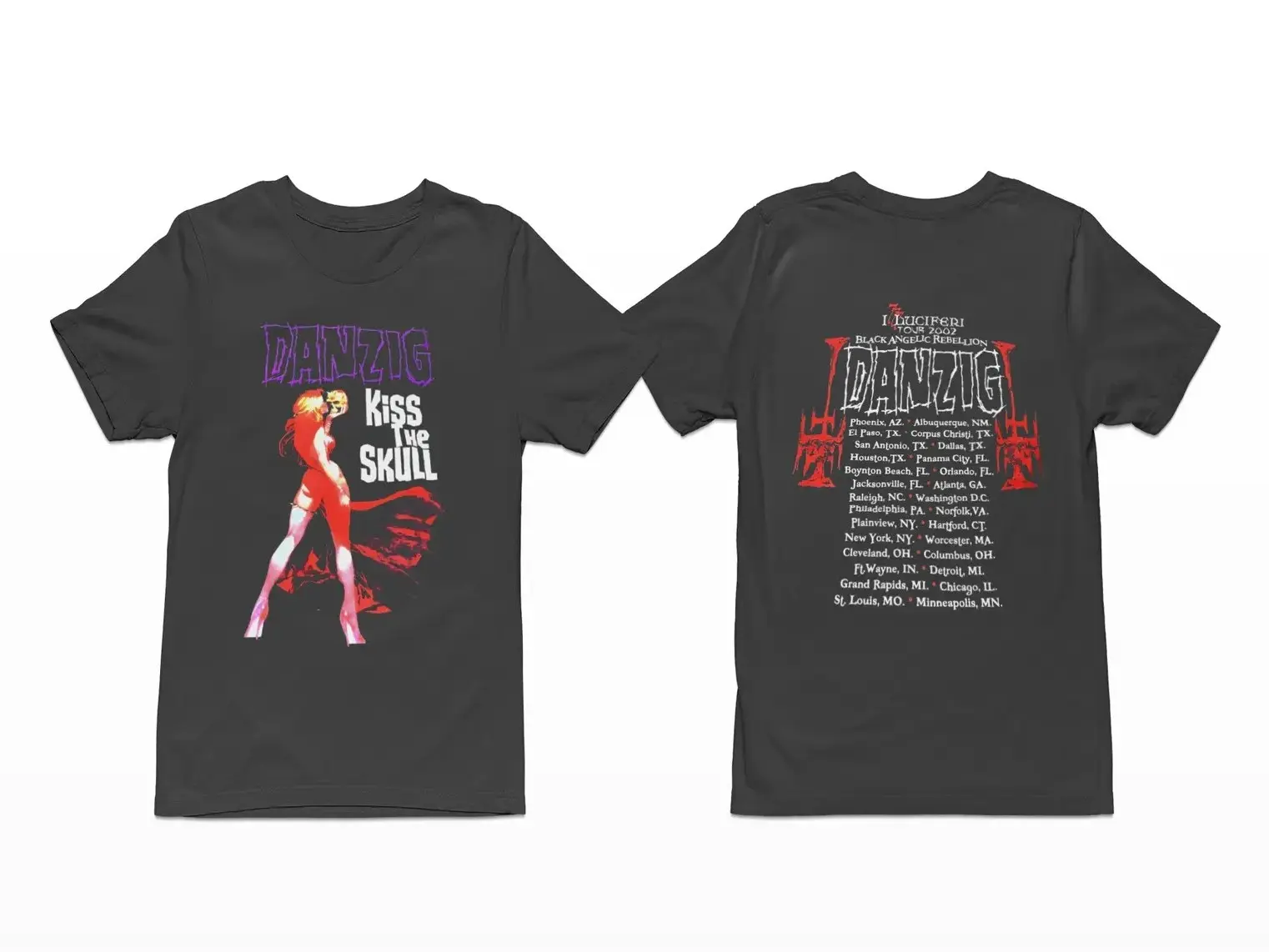 Danzig Kiss the Skull 2002 Tour 2 Sided Rock Band T-Shirt Two Side Print, Comfort Cotton, Casual Style, Short Sleeve Crew Neck Tee Gift