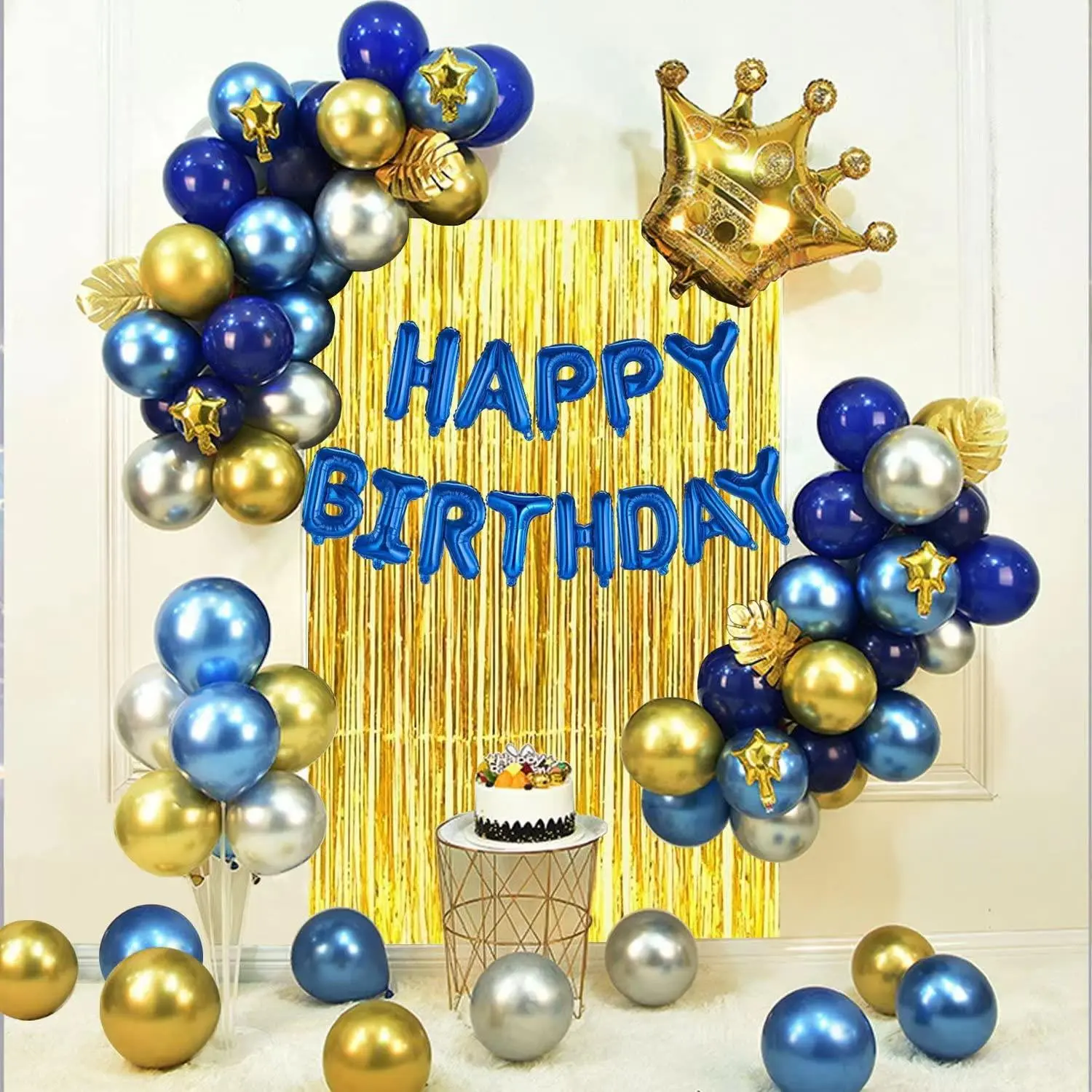 Gold And Silver Blue Birthday Party Decoration Set,Including Happy Birthday Banner, Balloons, Metallic Fringe Curtain, Golden Crown, Suit Perfect For Girls Or Boys, Men Or Women Birthday Party