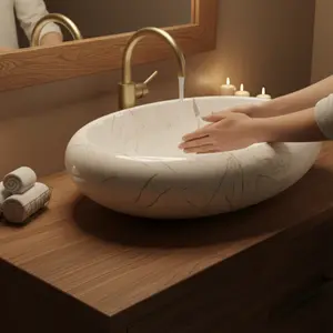 My Luxury Flooring 24"x18"x6" Designer Modern Oval Ceramic Bathroom Basin - Above Counter Vanity Vessel Sink, Premium Marble Finish, Durable, Scratch-Resistant & Easy to Clean Countertop Vessel for Powder Rooms