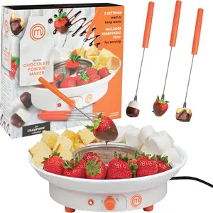 Fondue Maker- Deluxe Electric Dessert Fountain Fondue Pot Set w 4 Forks & Party Serving Tray -Melting, Warming Caramel, Cheese, Sauce, Romantic Date, Fun Birthday