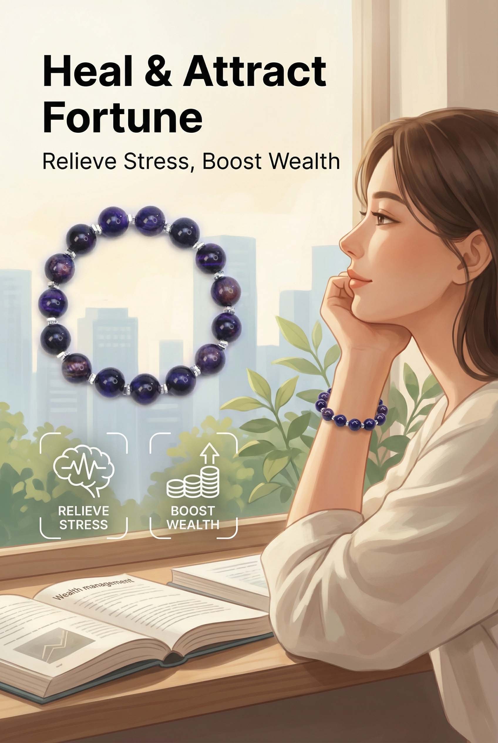 Rare Blue Purple Tiger Eye Bracelet, Elastic Fit, Wealth Attraction Spiritual Jewelry for All Hand Sizes.Gifts for Relieving Anxiety and Stress