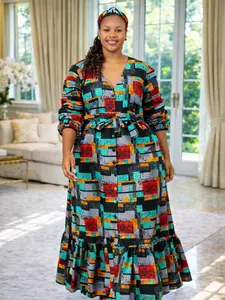 Bold African Print Patchwork Maxi Dress – Long Sleeve Style Ankara Dress with Pockets
