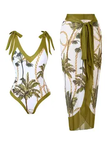 Women's Plants Print One-Piece Swimsuit & Sheer Cover Up Skirt Set, Casual Fashion Swimwear Set for Beach Holiday Vacation, Ladies Swimsuit for All Seasons, Bathing Suit Cover