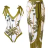 Women's Plants Print One-Piece Swimsuit & Sheer Bathing Suit Cover Up Skirt Set, Casual Fashion Swimwear Set for Beach Holiday Vacation, Ladies Swimsuit for All Seasons, Summer Coverup, Beachwear Cover Up, Swimsuit Coverups