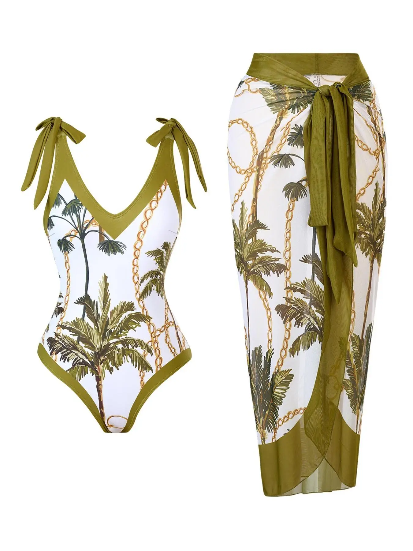 Women's Plants Print One-Piece Swimsuit & Sheer Cover Up Skirt Set, Casual Fashion Swimwear Set for Beach Holiday Vacation, Ladies Swimsuit for All Se