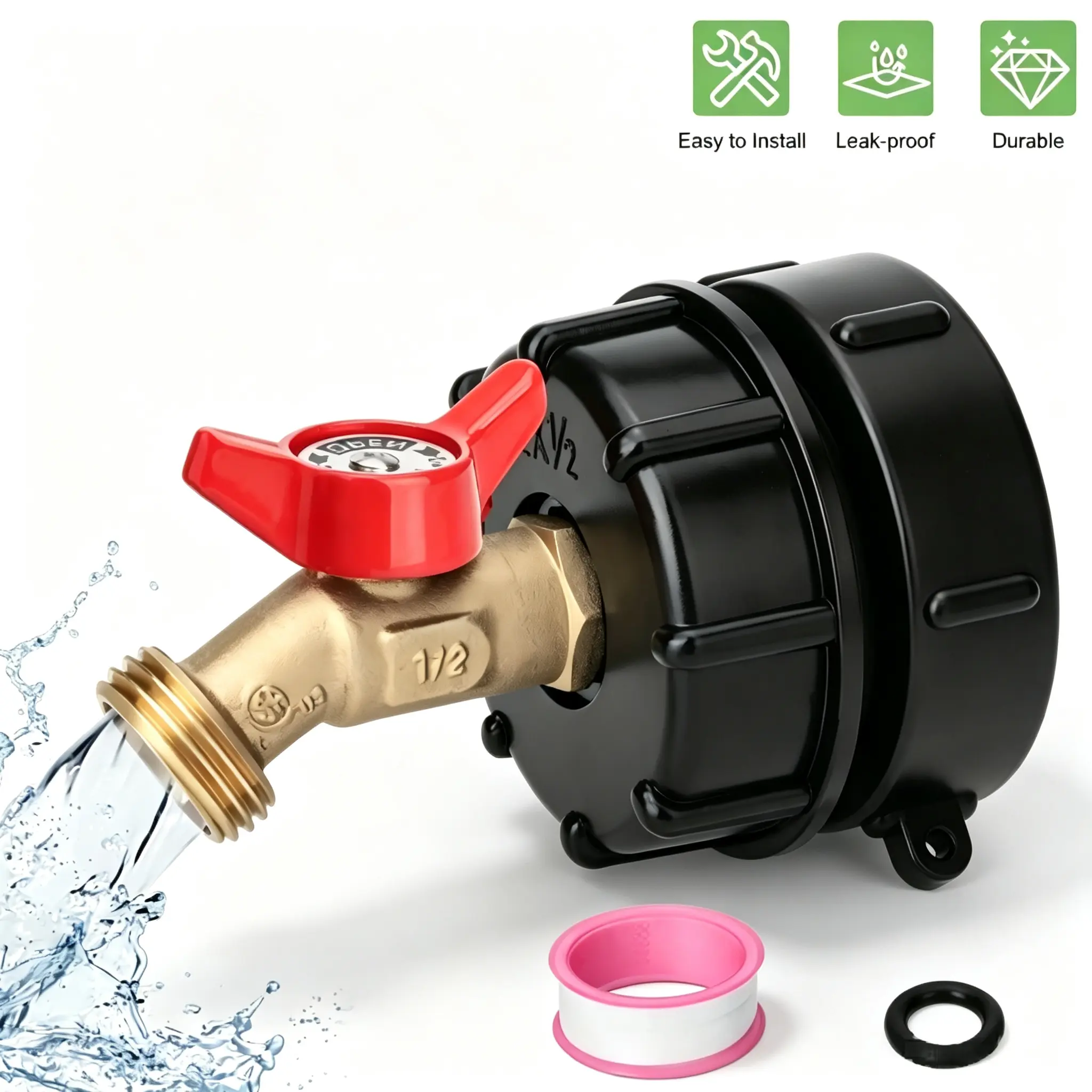 IBC Tote Tank Adapter Kit for 275-330 Gal Water Tanks, 2.44'' Fine Thread + 2.36'' Coarse Thread Adapters, Brass Shut-off Valve, 1/2'' Male NPT × 3/4'' Male GHT Garden Hose Connector