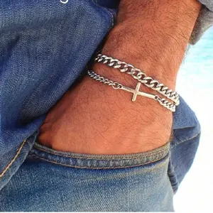 Stylish Men's Double-Layer Stainless Steel Bracelet with Classic Cross Design Adjustable Punk Fashion Ideal for Daily Wear