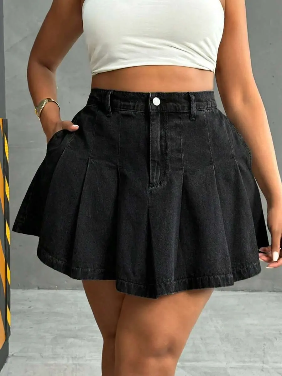 JEANDY Plus Size Women's Fashion Pleated Short Denim Skirt