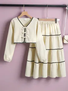 Toddler Girl's Bow Embroidery Long Sleeve Sweater & Elastic Waist Skirt Two-Piece Set, Casual Fashion Cozy Two Piece Outfits for Daily Outdoor Wear, Toddler Girls Clothing for Spring Fall