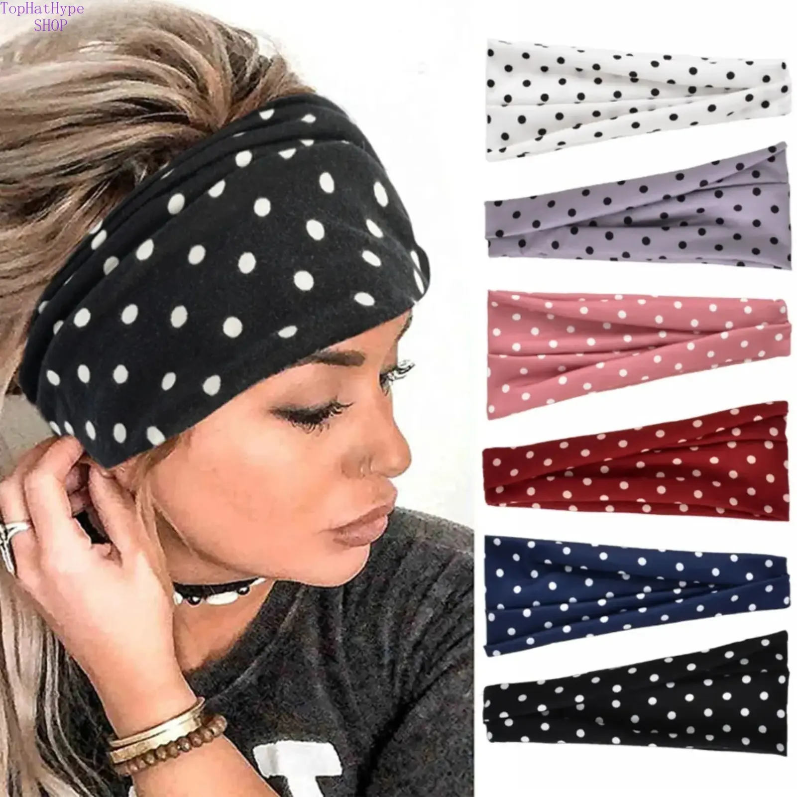 Wide Headbands for Women, 6 Piece Elastic Stretch Cotton Set with Assorted African & Polka Dot Prints, Colorful Hair Accessories, Fashion Headband, Hairbands, One Size
