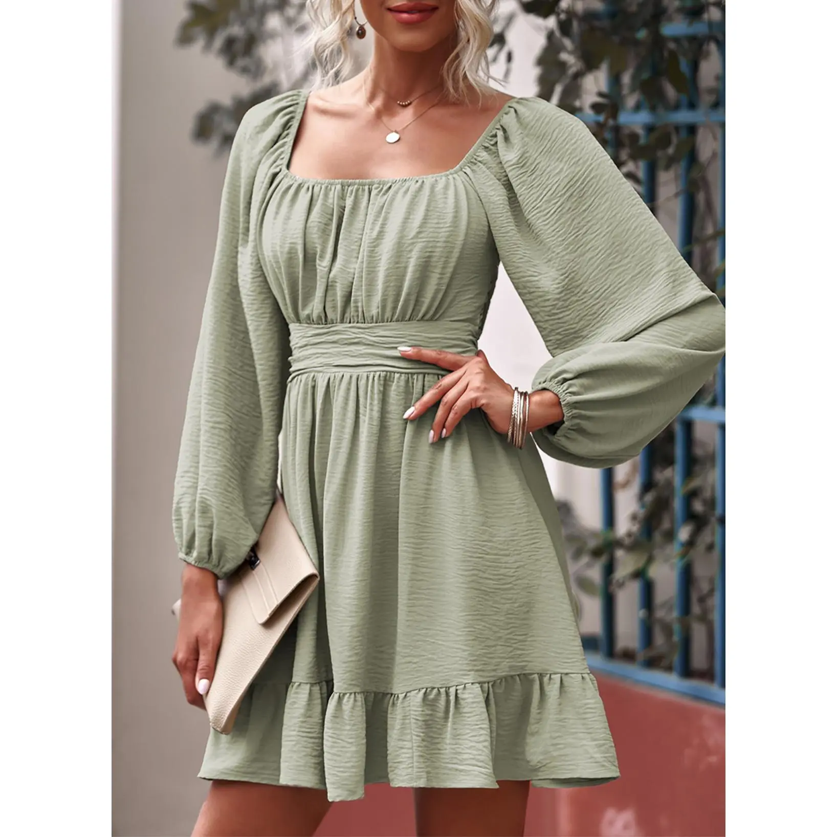 Dokotoo Womens Dress Long Lantern Sleeve Square Neck Tie Backless Sexy Dress  Ruffle Elastic Waist A-Line Mini Dress - TikTok Shop