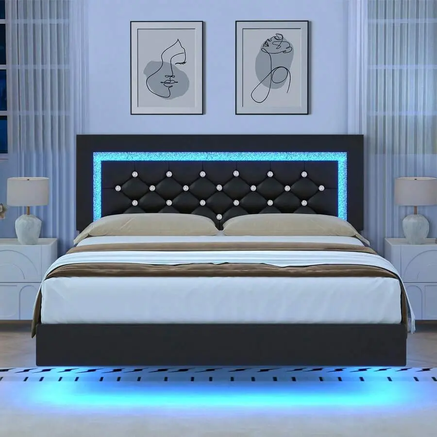 Twin/ Full/   Frame  Diamond Headboard, Floating Upholstered  Frame  LED Lights, Modern  Frame  Strong Wood Slats Support, No Box Spring Needed, Easy Assembly, Twin/ Full/ , Pink/ White/ Black *  Frame   Frame  with bed Queen Size Floor Guardrail mirror