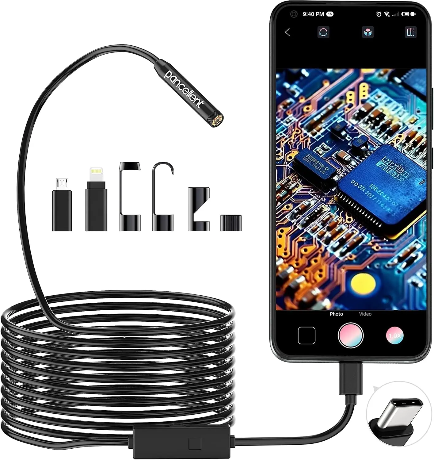 Pancellent 1920P Snake Inspection Borescope with 8 LED Lights for Android & iOS Smartphones iPhone iPad Samsung 16.5 FT 5M Endoscope Scope Camera for Automotive Use