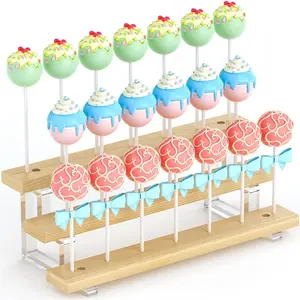 Cake Pop Stand Display Riser - 3 Tier Wood Lollipop Holder, 20 Holes Acrylic Pine Wood Candy Pop Holder Display for Dessert Table Weddings Birthday Parties Halloween Candy Decorative