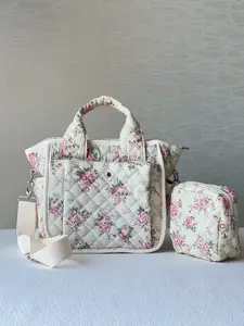 Quilted Floral Tote Bag 2 Set -Crossbody Bag With Matching Cosmetic Pouch, Perfect For Everyday Use