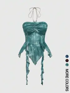 Women's Boho Halter Cami Top, Ruched Bust Design, Paisley Print, Irregular Ruffle Hem, Perfect for Beach Vacation, Music Festivals, Summer Parties & Pastoral Style Dates