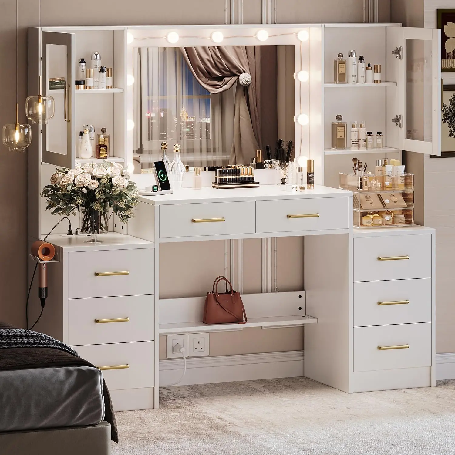 58.3”Vanity Desk with Mirror and Replaceable Lights & Charging Station,Bedroom Dressing Table,Large Vanity Set,8 Drawers and 2 Cabinets,Makeup Vanity Table with Charging Station,Without Stool,White/Black/Pink